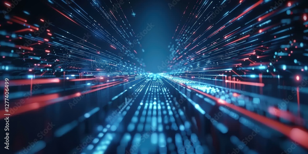 Poster a futuristic digital landscape with vibrant blue and red lines creating a sense of motion and depth,