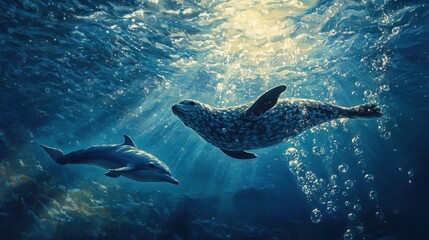 Obraz premium Seal twirling underwater as a dolphin glides nearby, bubbles rising against the azure backdrop of the sunlit ocean surface
