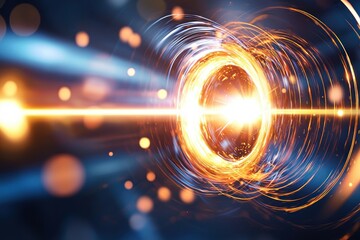 Obraz premium Abstract glowing portal with energy trails and bokeh effects on dark blue background for science and technology concepts