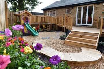 Vibrant flowers bloom in a backyard playground with wooden playhouse slide and deck creating a joyful outdoor space