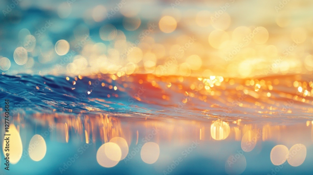 Poster A serene ocean scene with shimmering waves and soft bokeh effects in warm colors.