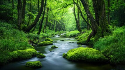 Obraz premium Serene Forest Stream: A Lush Green Paradise