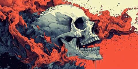 Surreal Artistic Illustration of a Skull Engulfed by Vibrant Red and Black Fluid-Like Patterns on a Bold Background Creating a Dynamic Visual Contrast