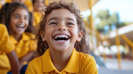 Joyful moments shared by school kids on the staircase during recess