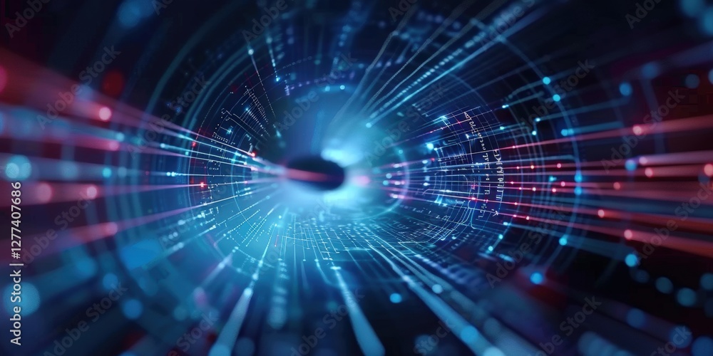 Poster a futuristic depiction of swirling light trails, creating a dynamic sense of depth and movement in a