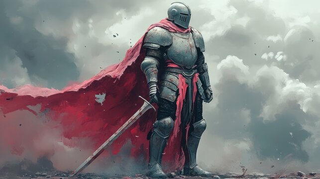 Majestic Armored Knight with Red Cape Standing Heroically amidst a Dramatic Atmospheric Setting Evoking Historical Medieval Battle Imagery