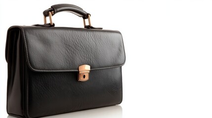 Black leather briefcase resting on a clean white surface for classic elegance
