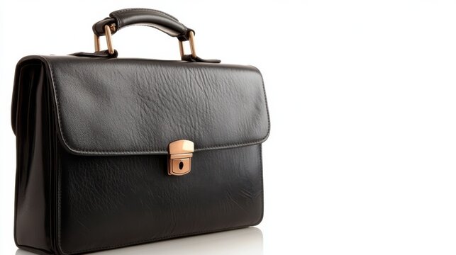 Black leather briefcase resting on a clean white surface for classic elegance