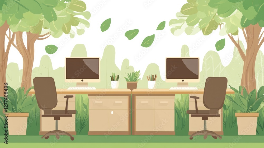 Poster a serene outdoor workspace with computers surrounded by greenery.