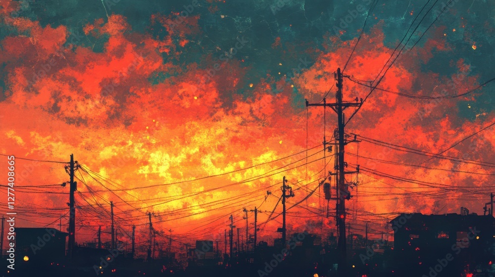 Poster sunset sky drenched in fiery hues with power lines tracing intricate patterns, a calming blend of te