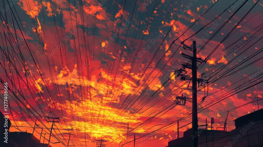 Aufkleber sunset sky drenched in fiery hues with power lines tracing intricate patterns, a calming blend of te