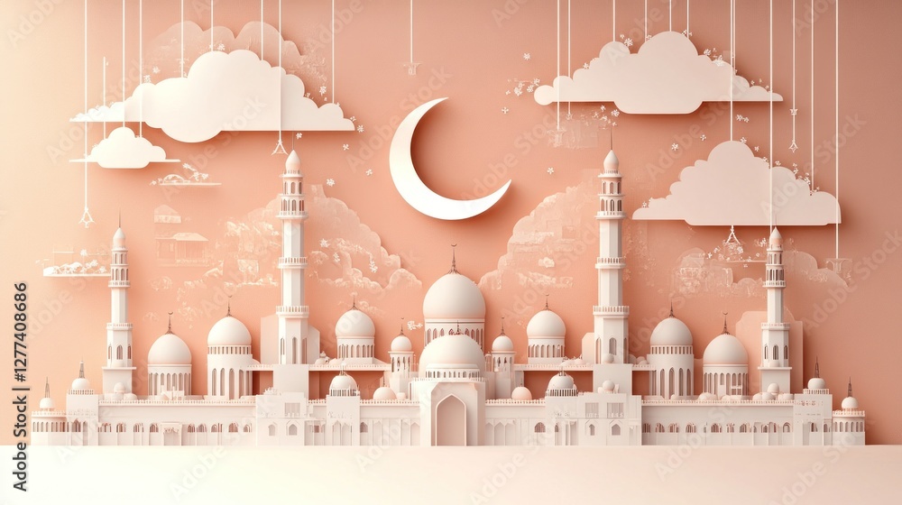 Poster a serene paper-cut style depiction of a mosque with clouds and a crescent moon.