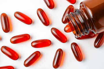Vitamin capsules in a bottle, soft gels, Fish oil capsules, omega 3, omega 9, vitamin D, vitamin E