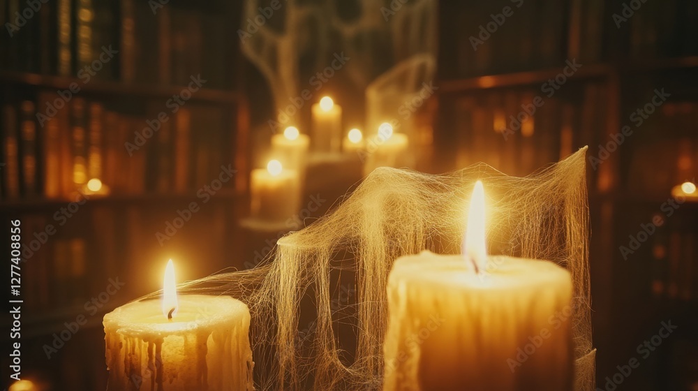 Poster textured weaves intertwining like magical threads, glowing warmly in an enchanted library bathed in 