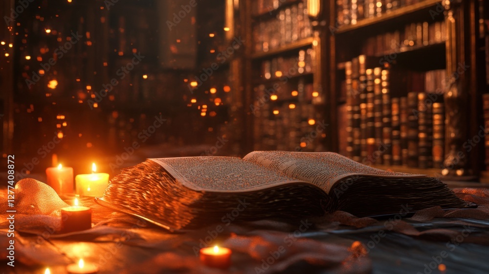 Poster textured weaves intertwining like magical threads, glowing warmly in an enchanted library bathed in 