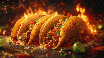 Tacos on fire with flames and sparks