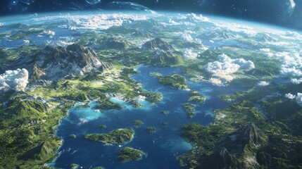Fototapeta premium The dynamic beauty of Earth from space, featuring striking contrasts of blue waters, green terrains, and white clouds set against a starlit sky.
