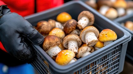Handful of wild mushrooms collected from a forest foraging adventure