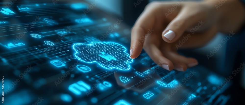 Poster professional accessing cloudbased business application, touch screen interaction, digital technology