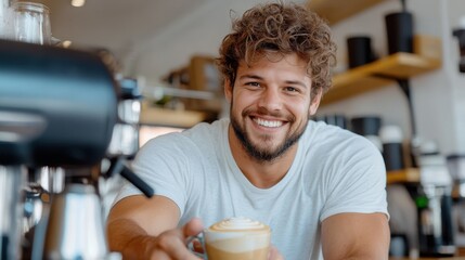 Young barista perfecting latte art during morning rush at cozy cafe