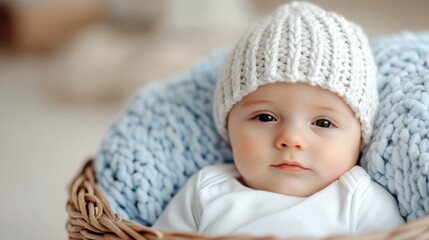 Newborn boy peacefully resting in a cozy wicker basket