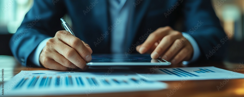 Poster business consultant analyzing finance on tablet, network structure and financial graphs in digital f