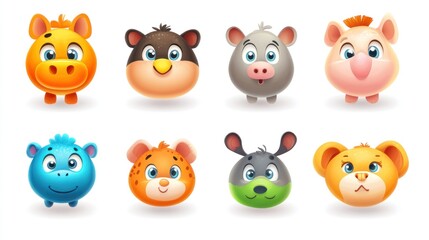 Obraz premium Cute cartoon animal faces, various expressions, in a grid layout.