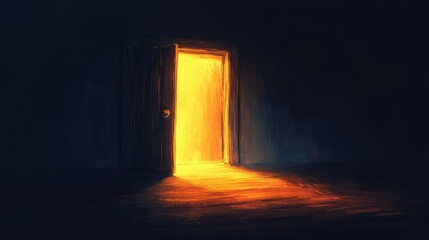 The silhouette of a cave's opening glowing faintly from soft light behind a wooden door, evoking curiosity and wonder.