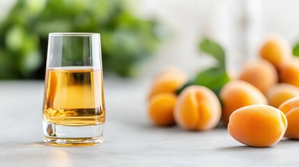 Delicious apricot liqueur beside fresh apricots on a rustic table