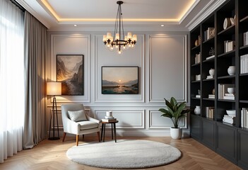 Fototapeta premium Cozy Modern Study: Light Silver Wall Cloth, Walnut Furniture, Artistic Touches & a Warm, Inviting Ambiance