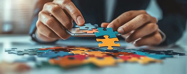 Business professional solving a jigsaw puzzle on a smartphone screen, showcasing the power of online business solutions