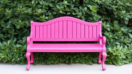 Bright pink bench against a lush green hedge in a serene outdoor setting, inviting relaxation
