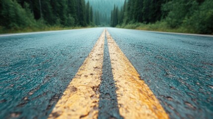 Dreamy asphalt road invites adventure through serene countryside landscape