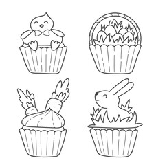 Set of line art vector illustrations for Easter day. Cute Easter cupcakes with bunny, chick, egg basket, carrot. Easter child coloring page