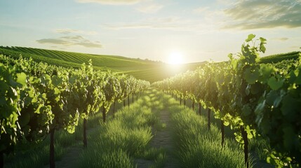 Naklejka premium Video generation of a lush green vineyard with rows of grapevines under a bright sun. Featuring agricultural beauty and harvest