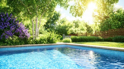 Serene backyard oasis featuring a sparkling swimming pool surrounded by lush greenery and vibrant purple flowers under a sunny sky