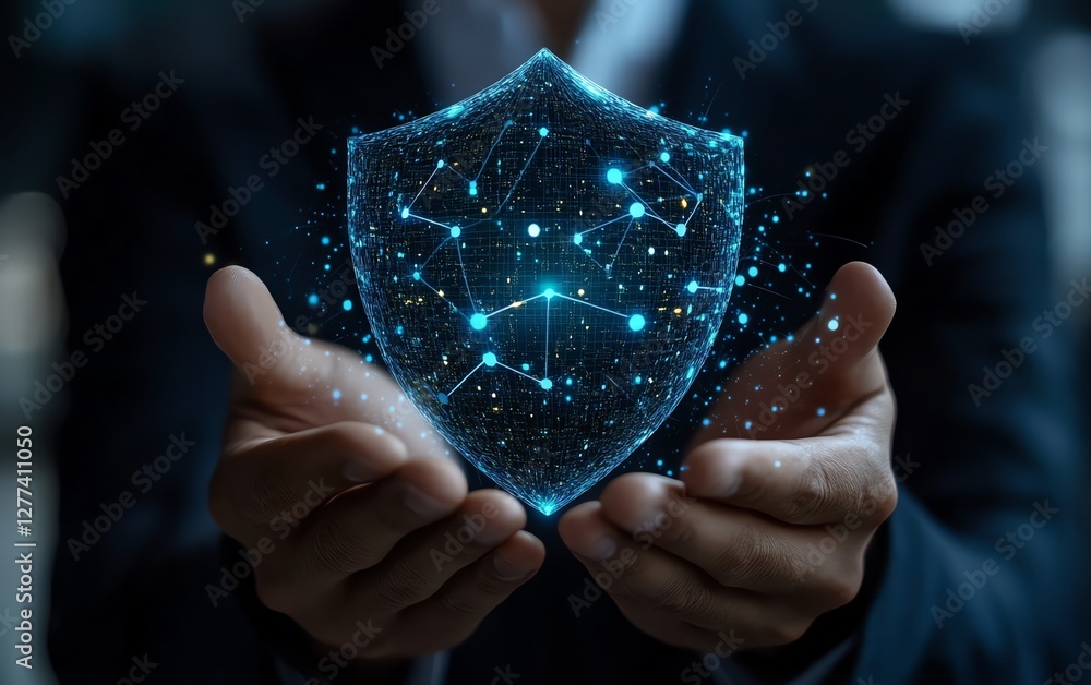 Poster businessperson using shield icon for personal information protection, network security concept, secu