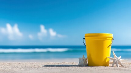 Bright yellow bucket on sandy beach with starfish, ocean waves, and blue sky in background
