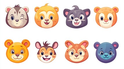Cute cartoon animal faces, various happy animal heads in round shapes.