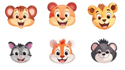 Fototapeta premium Cute cartoon animal faces, various happy expressions.