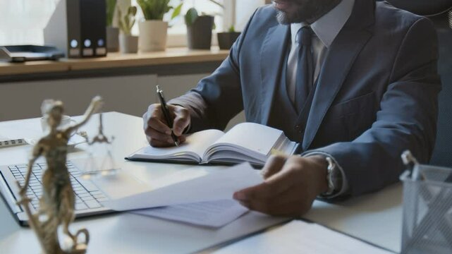 Medium midsection shot of unrecognizable African American male barrister in formal suit, tie, wristwatch working in office, studying legal document and writing in notebook. Lady Justice statue on desk