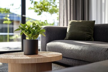 Serene living room interior with potted plant on wooden table and comfortable sofa by window sunlight