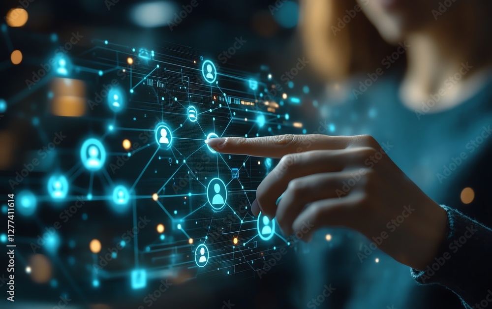 Poster Entrepreneur contacting people using digital communication tools, network structure and people icons displayed on screen, office setting