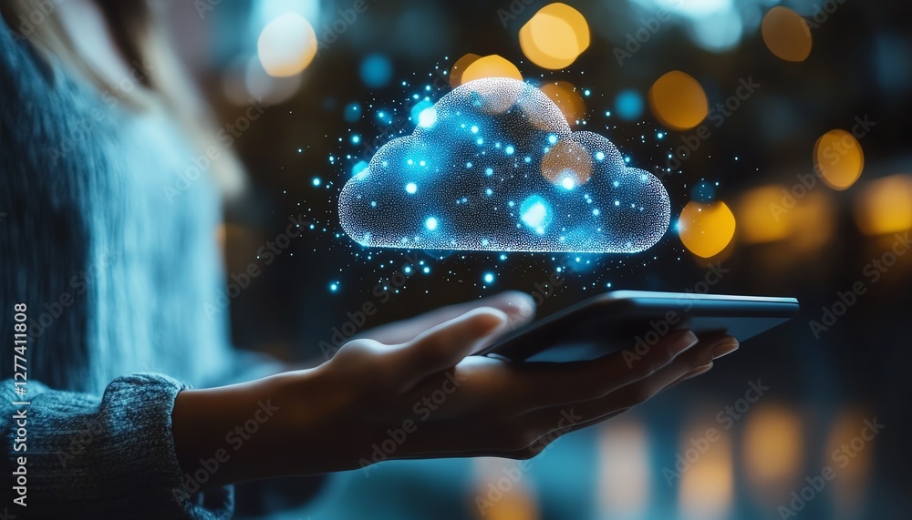 Poster entrepreneur touching cloud app on tablet, cloud computing for business, digital transformation, tec