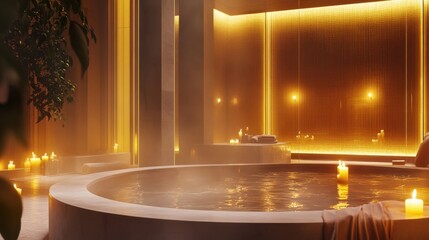 Video generation of a luxury spa room with candles and a jacuzzi. Featuring relaxation and indulgence