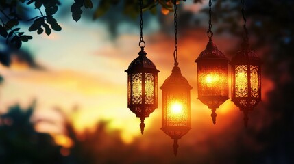 Elegant Lanterns Hanging Against Beautiful Sunset Background