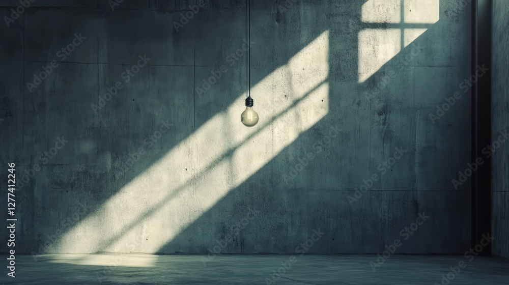 Poster A single lightbulb hangs in a minimalist concrete room, illuminated by sunlight streaming through a window, casting shadows on the wall.