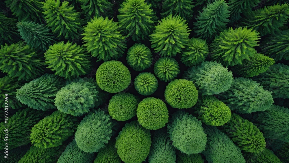 Aufkleber aerial view of dense green coniferous forest showcasing various tree shapes and sizes, creating a vi
