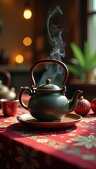 Fototapeta premium A steaming teapot on a decorative tablecloth with festive decorations, decoration, pot