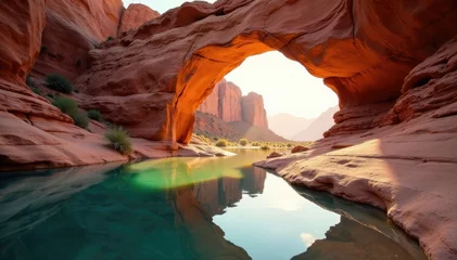 Fototapete Rund A tranquil pool of water reflects a majestic sandstone arch, sandstone formations, arid landscapes, calm waters © Sathaporn Buarabut